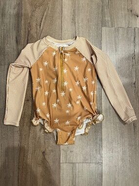 Caden Lane Palm Tree Print Long-Sleeve Rash Guard Swimsuit Size 7/8